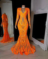 Vestidos de fiesta de sirena con lentejuelas naranjas, escote en V, apliques de encaje, largo hasta el suelo y manga larga